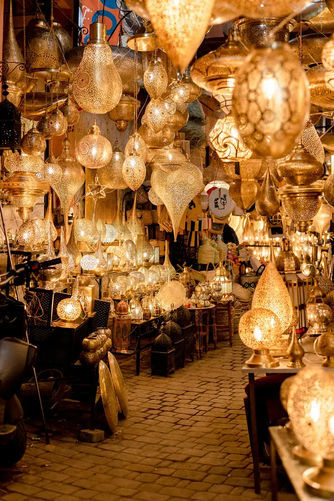 Brass lanterns glowing in a Marrakech souk